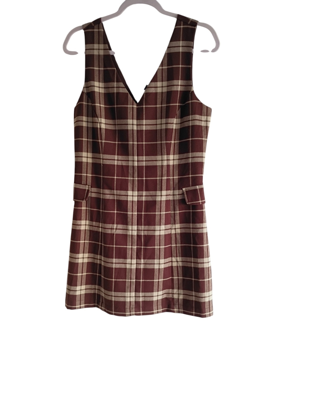 Forever 21 Burgundy & Cream Plaid V-Neck Mini Dress SZ L